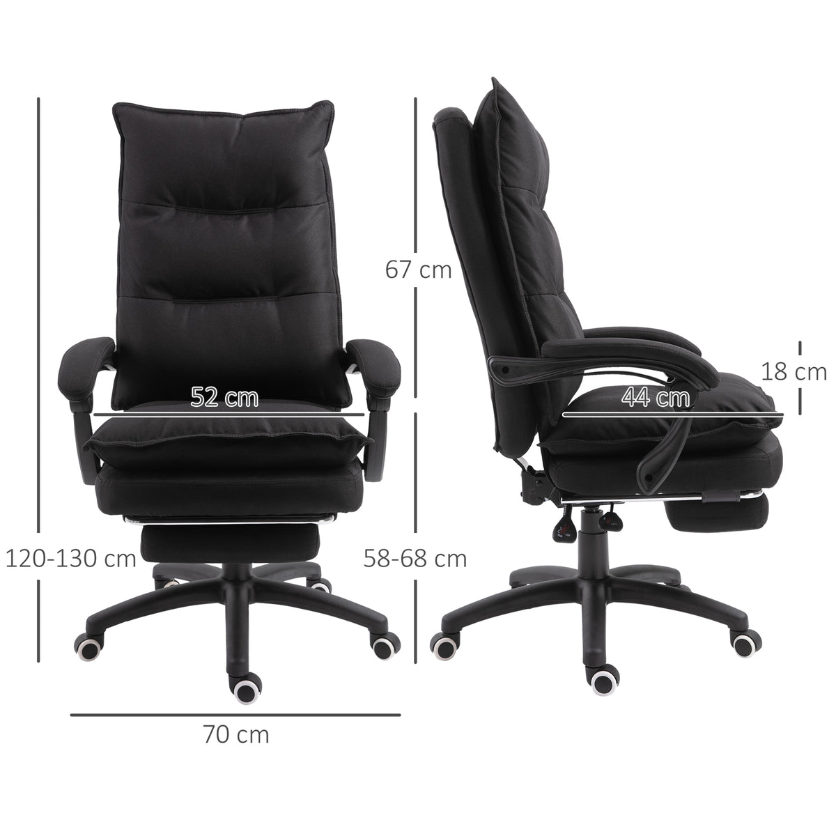 Fauteuil de bureau massant, chaise de bureau, chaise ergonomique avec hauteur réglable, dossier inclinable, repose-pied intégré et télécommande filaire, pivotant à 360°, toile de lin noir-2