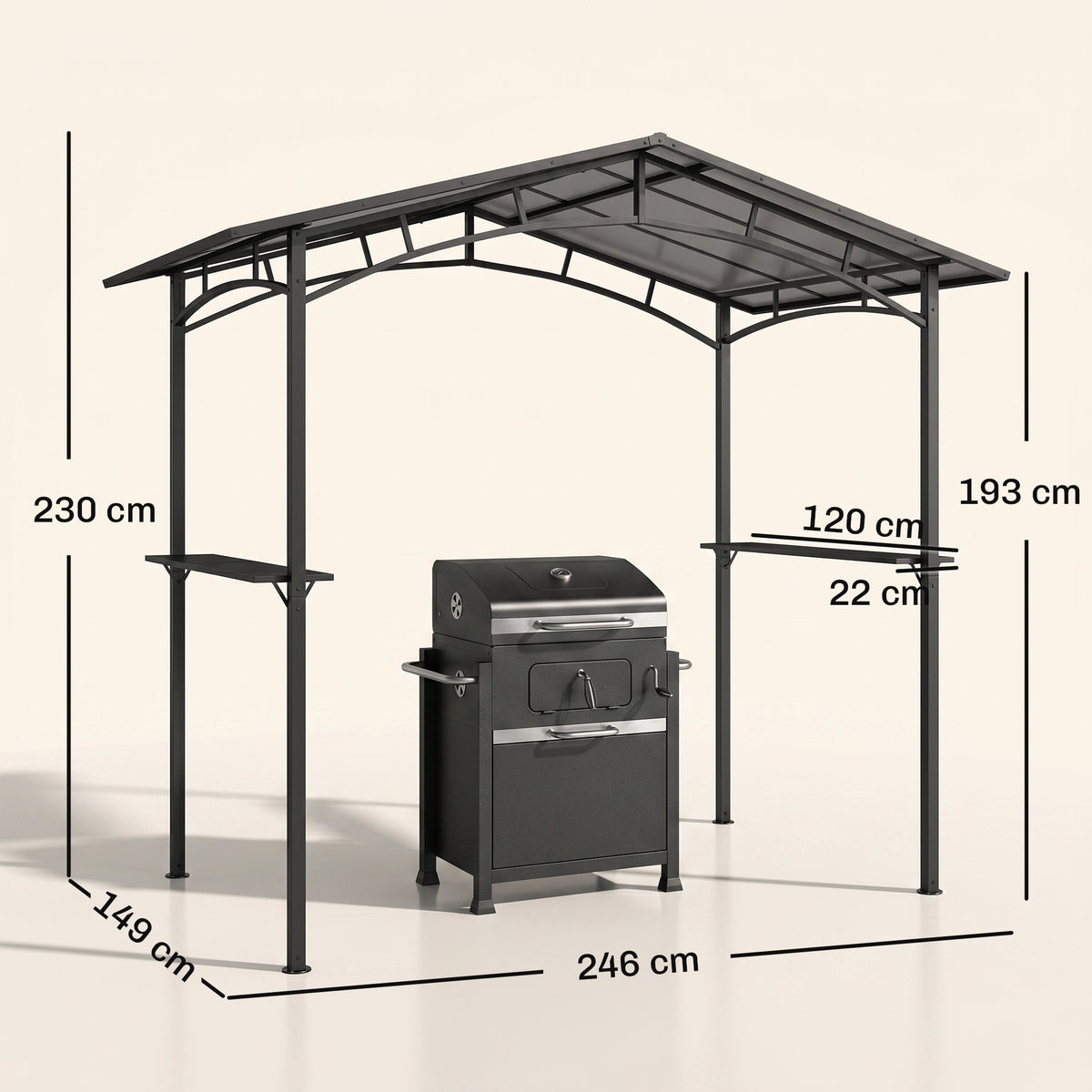 Tonnelle de Barbecue Extérieur Abri, 2 Étagères Latérales, Toit en Polycarbonate, 246 x 149 x 230 cm, Aluminium, Noir-2