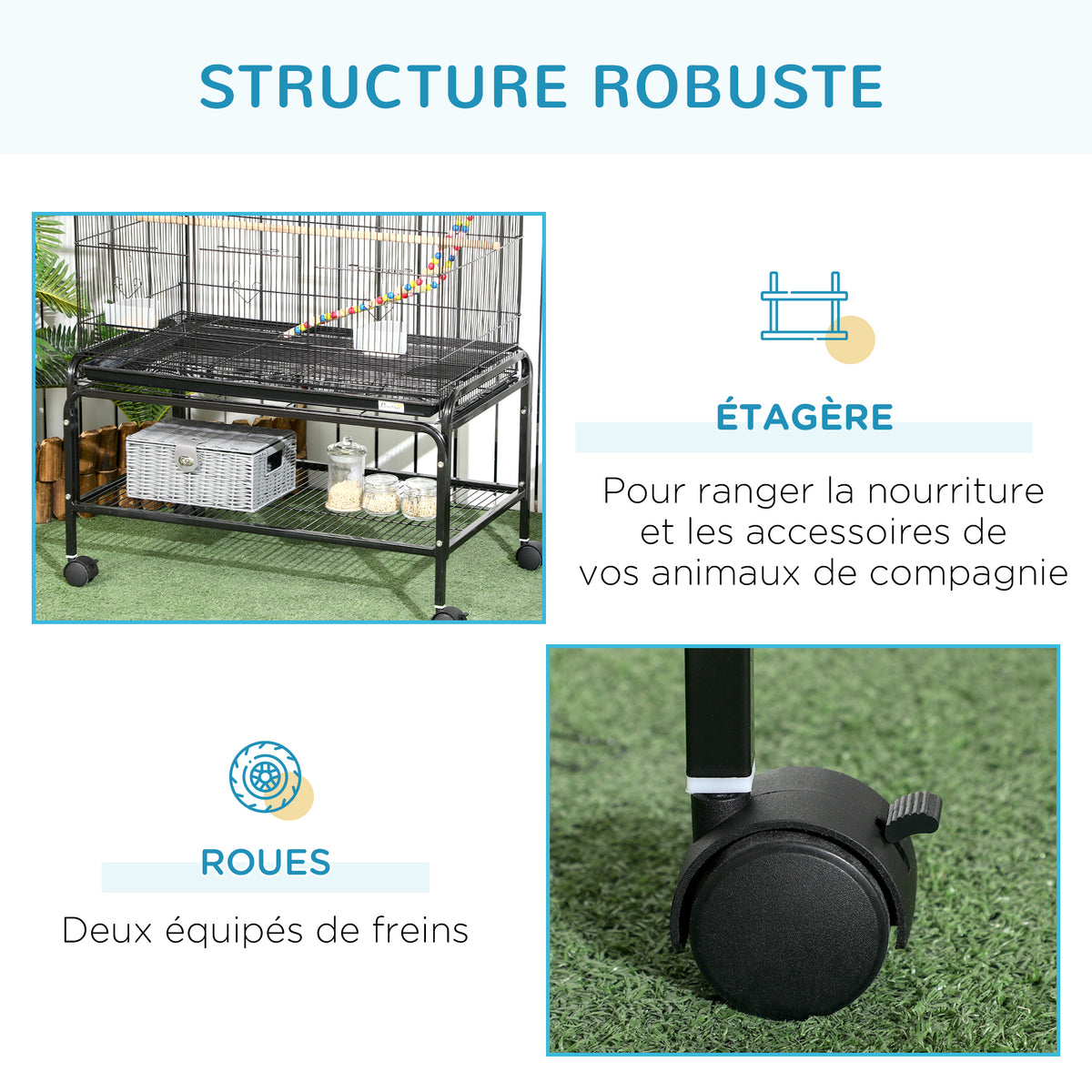 Cage à oiseaux sur pieds roulettes avec 4 mangeoires et 3 perchoirs 79 x 49 x 133 cm noir-6
