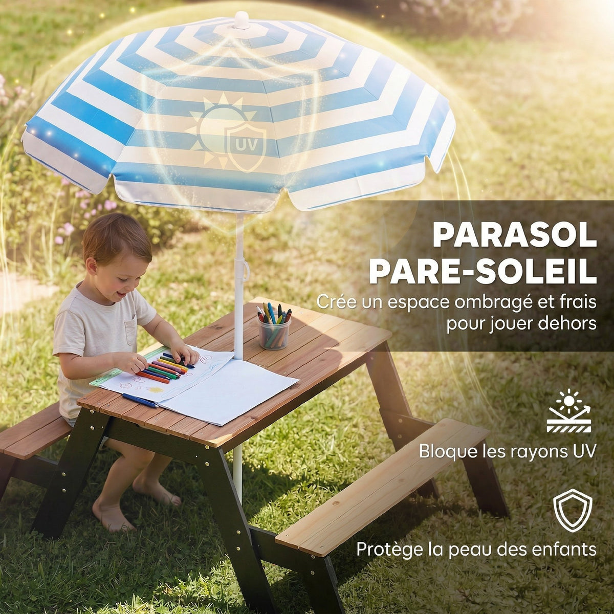 Table de pique-nique enfants avec parasol, 3 en 1 salon de jardin en bois pour enfants 3-6 ans avec 2 boîtes, naturel-4