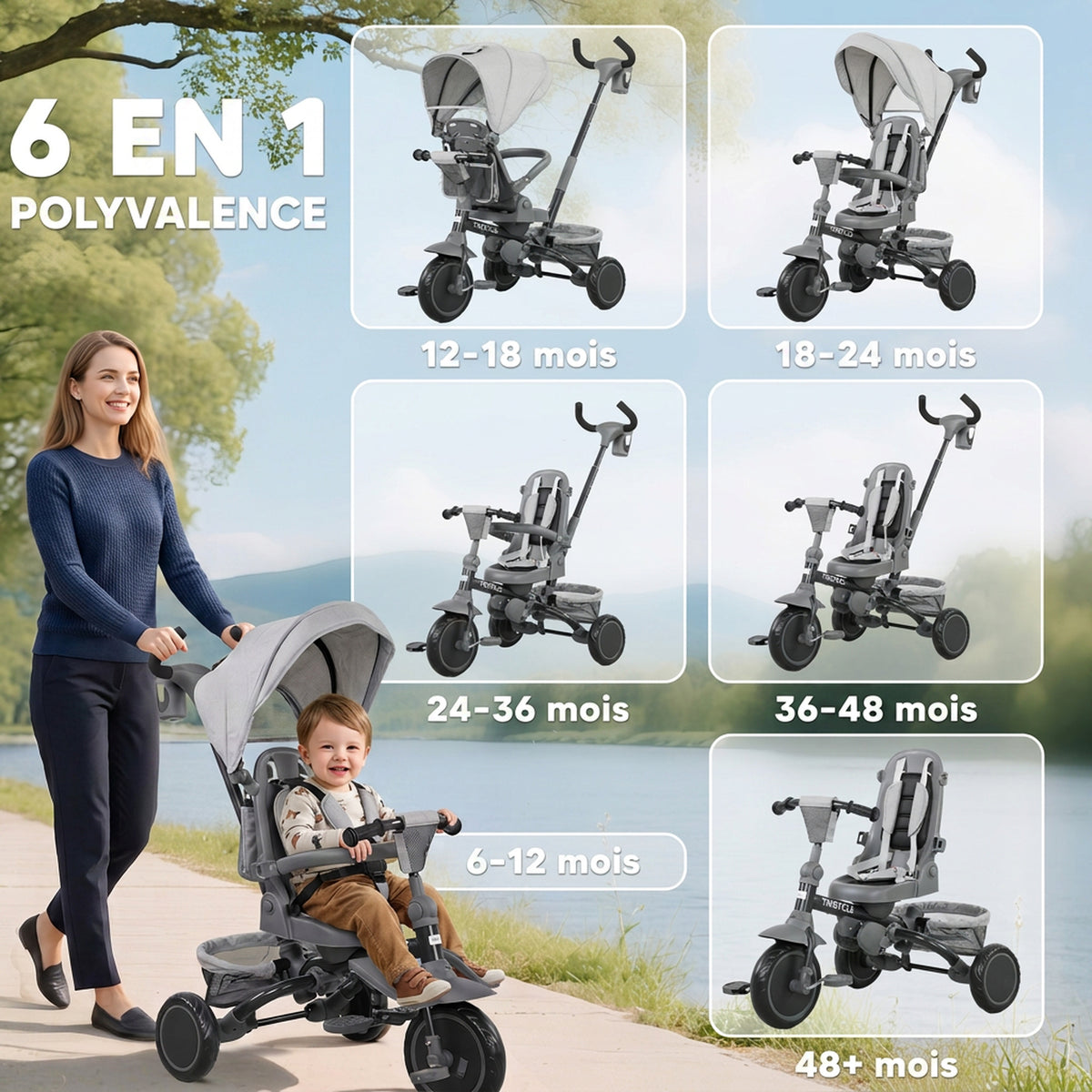 Tricycle bébé évolutif 6 en 1, tricycle enfant pliable avec poignée parentale réglable, siège pivotant 360°, gris-3