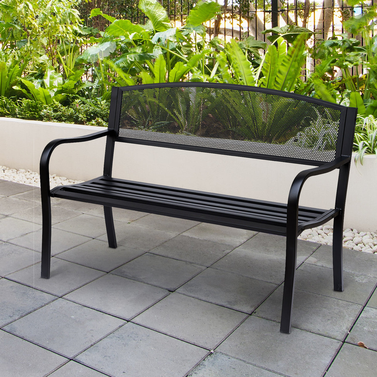 Banc 3 Places de Jardin terrasse Style Contemporain 127L x 60l x 87H cm métal époxy anticorrosion Noir-1