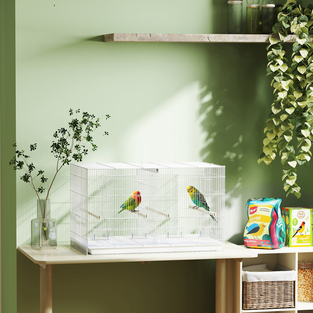 Cage à Oiseaux Volière Intérieur Acier avec Séparateur, 4 Perchoirs, Plateau Coulissant, 4 Mangeoires, 76x46x46cm, Blanc-9