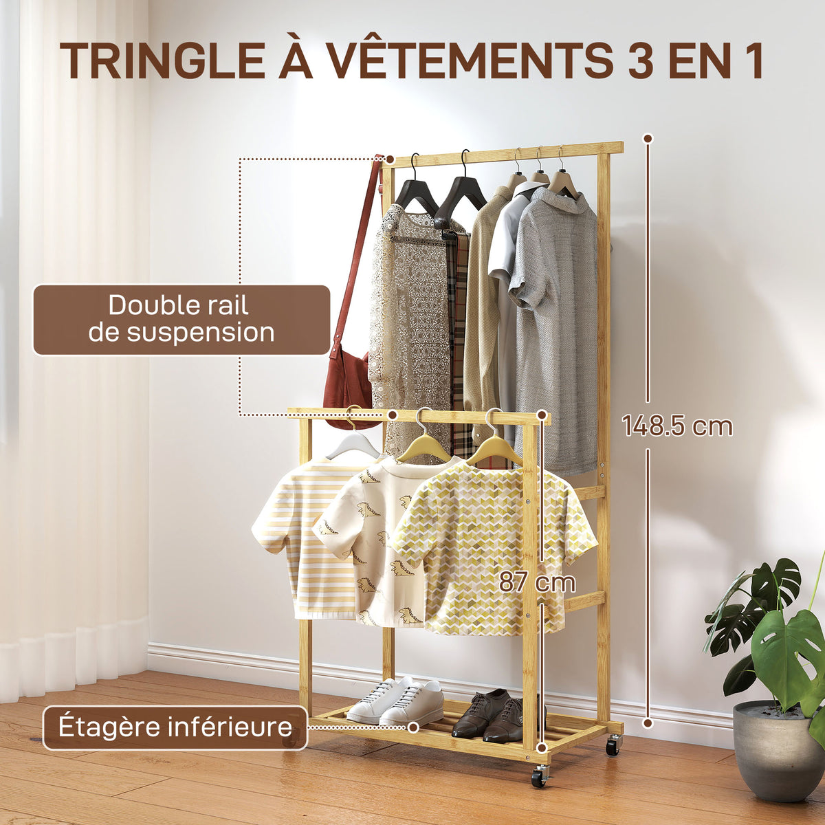 Portant à vêtements à roulettes, porte-manteau double barre en bambou avec étagère inférieure, 80x40x160cm, bois naturel-3