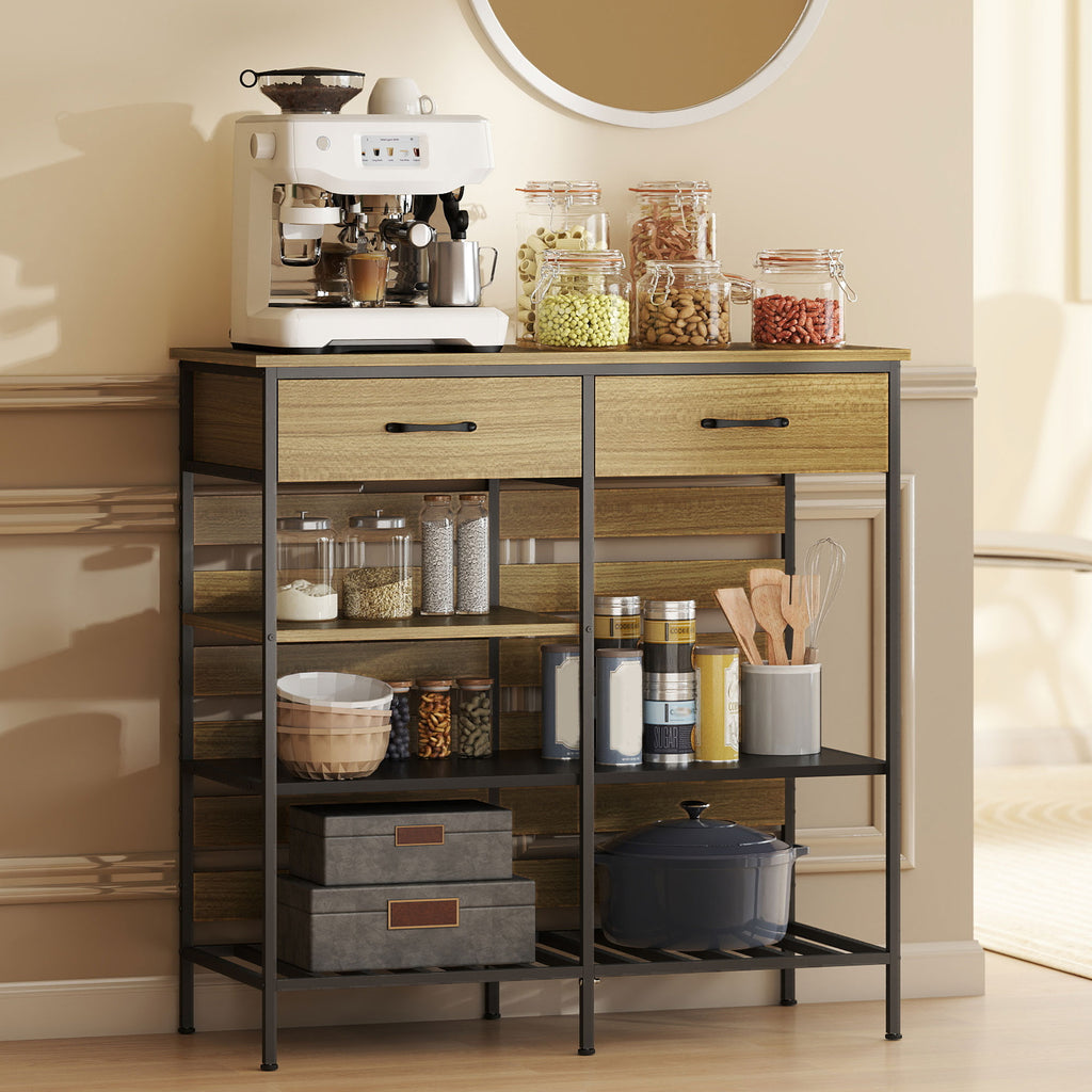 Buffet cuisine, meuble de rangement avec 2 tiroirs et 3 étagères ouvertes, 90 x 40 x 91 cm, bois naturel et noir-9