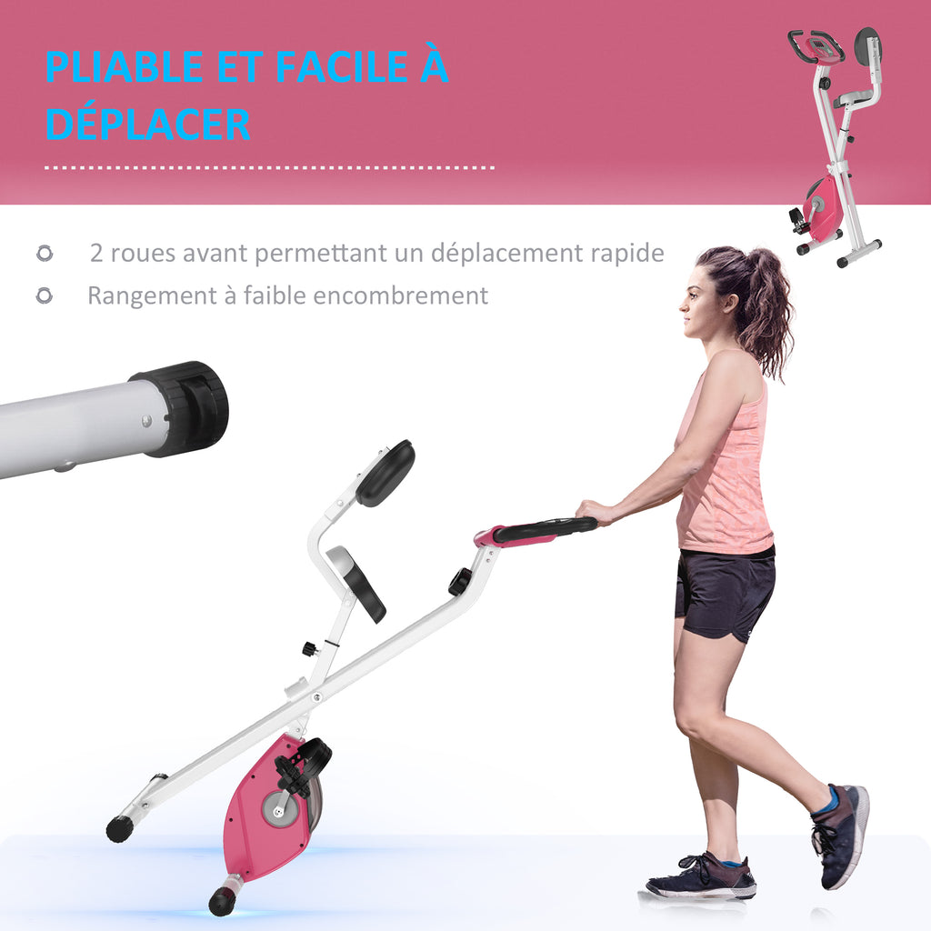 Vélo d'Appartement Pliable Magnétique Cardio-training - Sport Maison avec 8 Niveaux de Résistance et Roulettes - Silencieux Home Trainer avec Capteur de Pouls pour Fitness Homme et Femme, Rose-6
