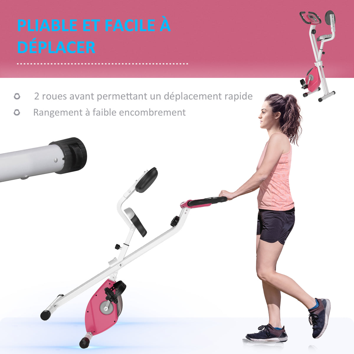 Vélo d'Appartement Pliable Magnétique Cardio-training - Sport Maison avec 8 Niveaux de Résistance et Roulettes - Silencieux Home Trainer avec Capteur de Pouls pour Fitness Homme et Femme, Rose-6