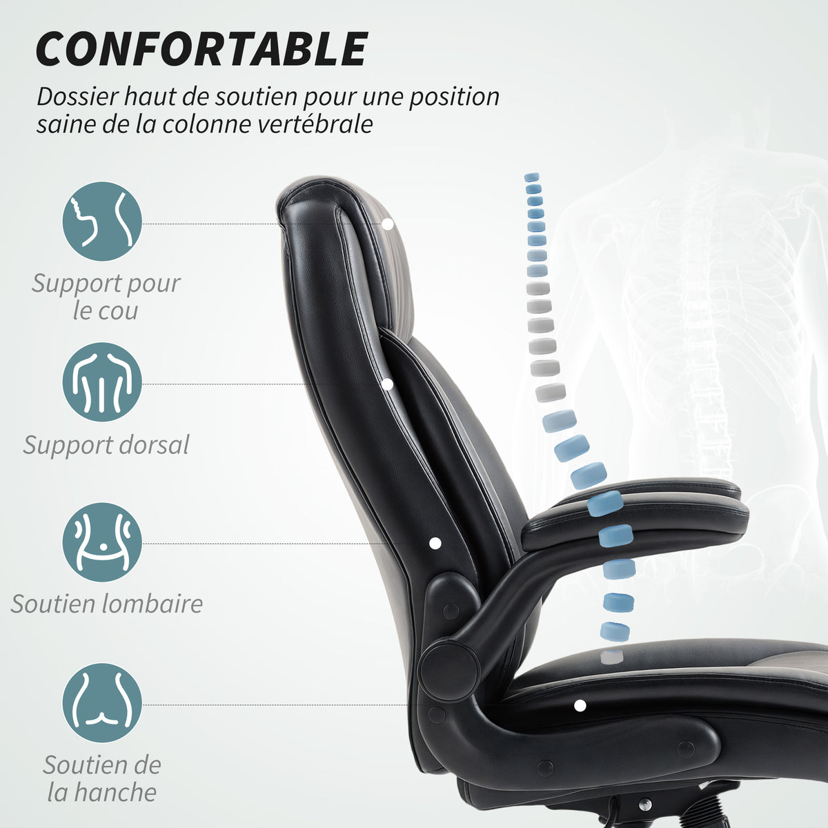 Fauteuil de bureau avec accoudoirs relevables, chaise de bureau ergonomique, hauteur réglable, fonction de bascule, noir-3