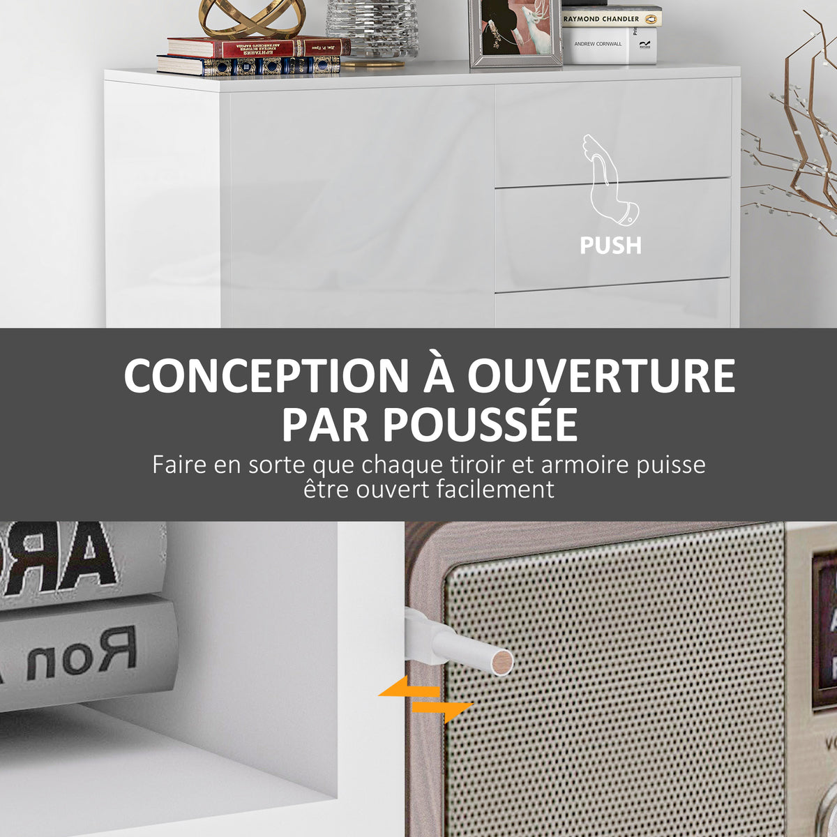 Commode Buffet Meuble de Rangement 2 tiroirs 2 Portes avec étagère 79 x 36 x 74 cm Blanc brillant-5