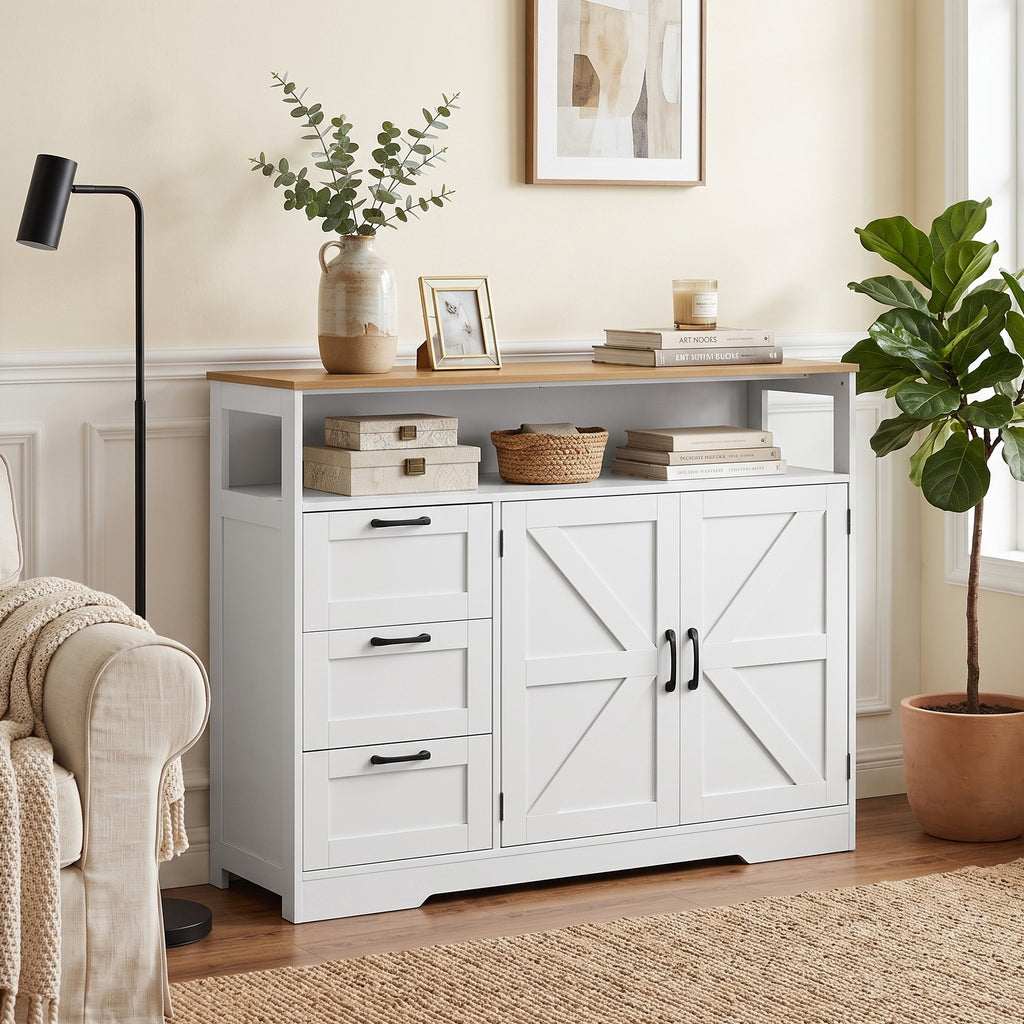 Buffet Cuisine, Meuble de Rangement avec 3 Tiroirs, 2 Portes Façon Grange, Plan de Travail et Compartiment Ouvert, Blanc-7