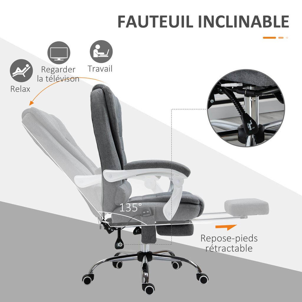 Fauteuil de bureau direction massant chauffant hauteur réglable dossier inclinable toile de lin gris-5