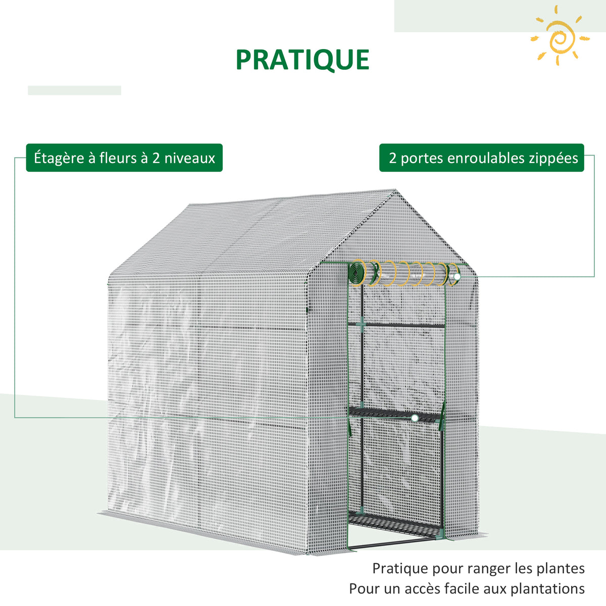 Serre de jardin PE avec étagère 2 niveaux, serre de balcon, bâche renforcée 140 g/m², acier, porte zippée-4
