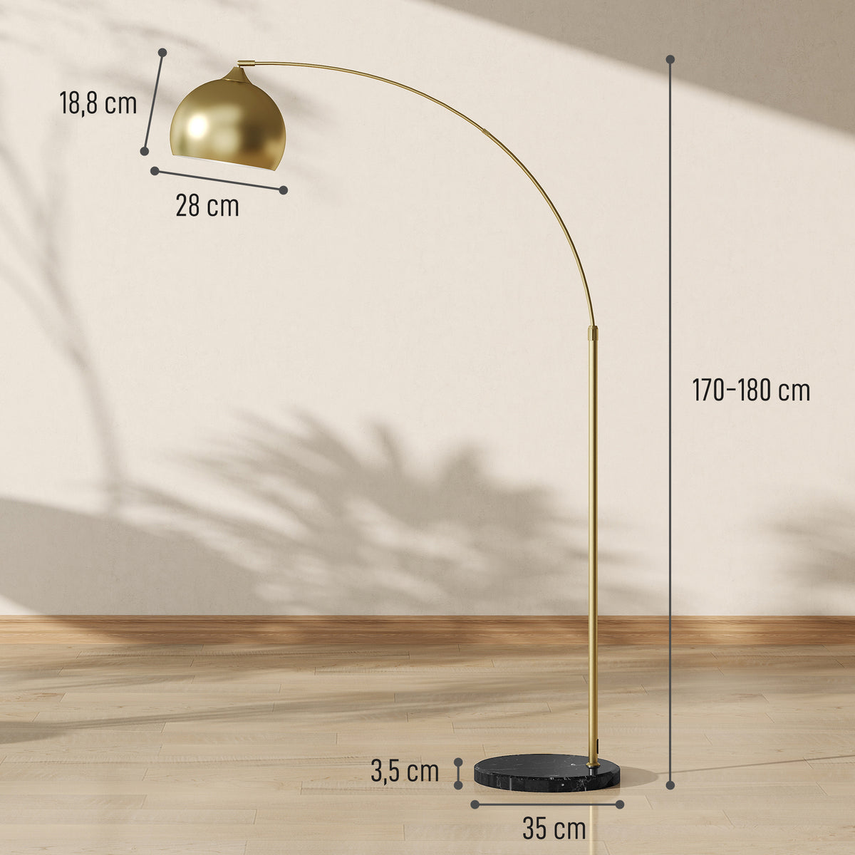 Lampadaire lampe de salon arc réglable pied marbre style vintage 40W E27 dim. 100-115L x 30l x 170-180H cm doré-2