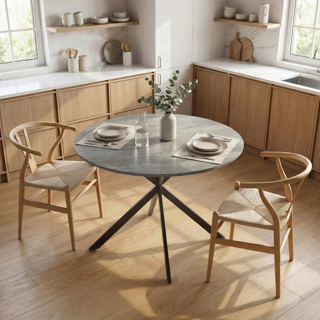 Table à Manger Ronde pour 4 Personnes 100 cm, Style Industriel avec Plateau Aspect Bois, Piètement Croisé en Acier, Gris-7