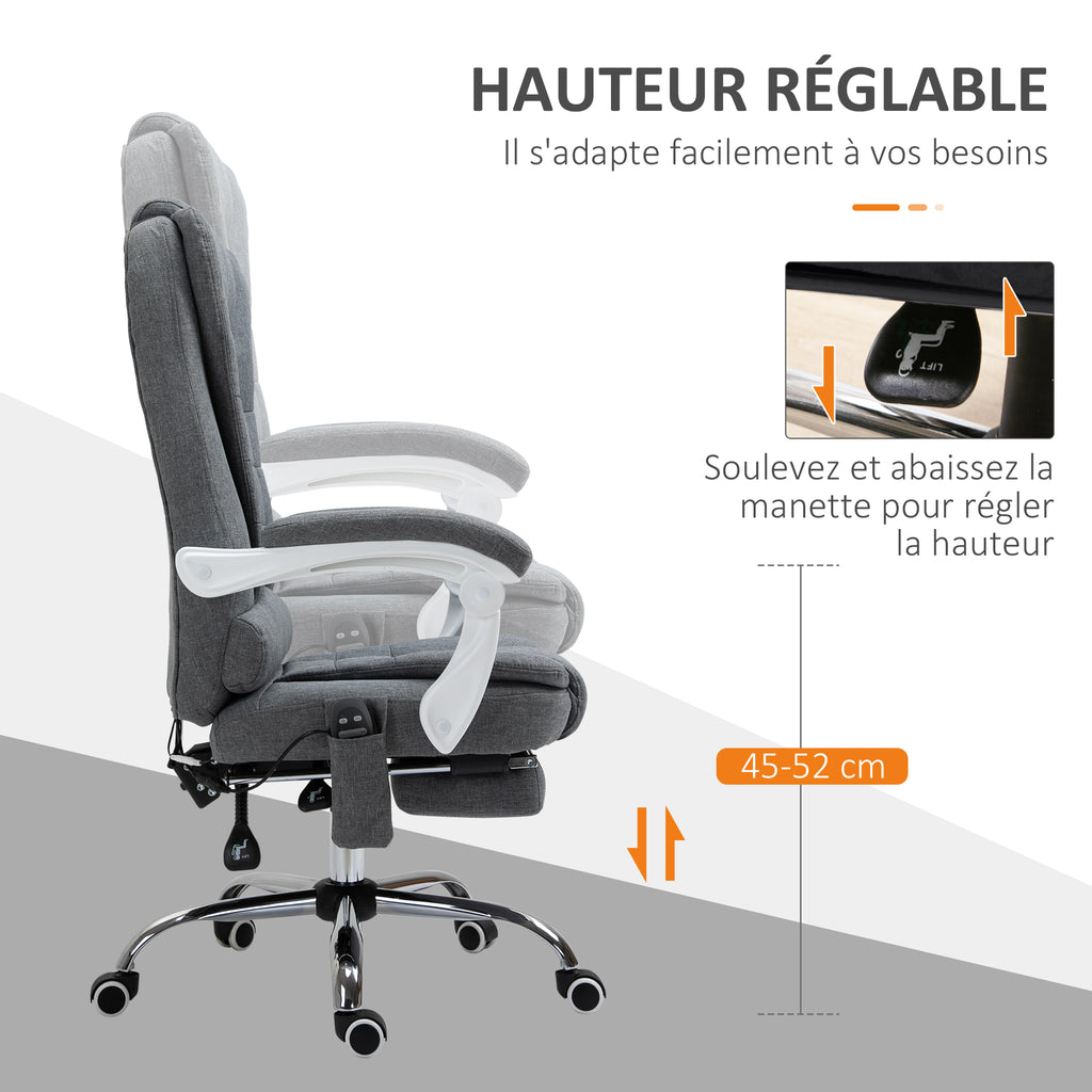 Fauteuil de bureau direction massant chauffant hauteur réglable dossier inclinable toile de lin gris-6