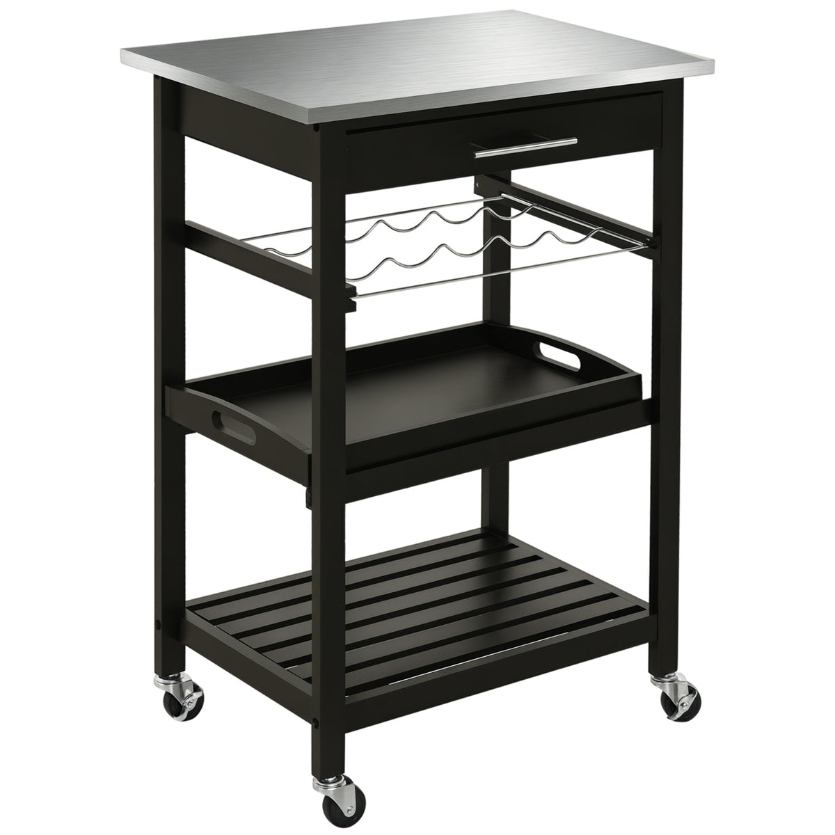 Chariot de Service desserte de Cuisine Table roulantes avec étagère rangement bouteille 60L x 40l x 85H cm Plateau en Acier INOX. Noir-0