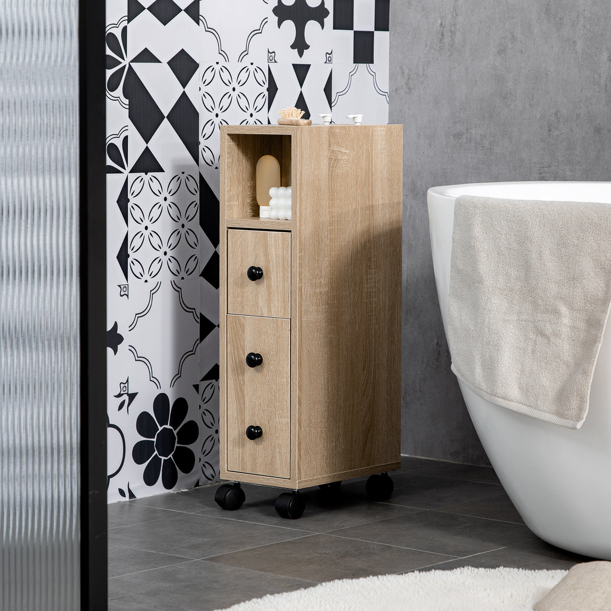 Porte-Papier Toilette 3 Niveaux avec Sortie Intégrée, Panneaux de Particules Aspect chêne Clair-9