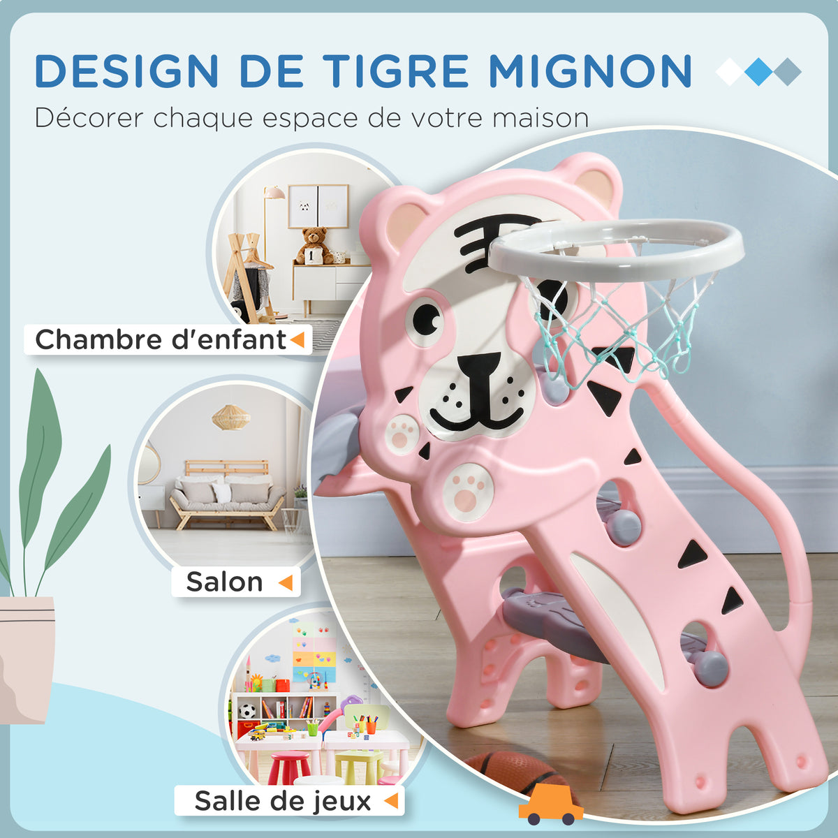 Toboggan pour enfants, toboggan intérieur pour enfants, avec panier de basket, thème tigre, de 18 à 36 mois, rose-4