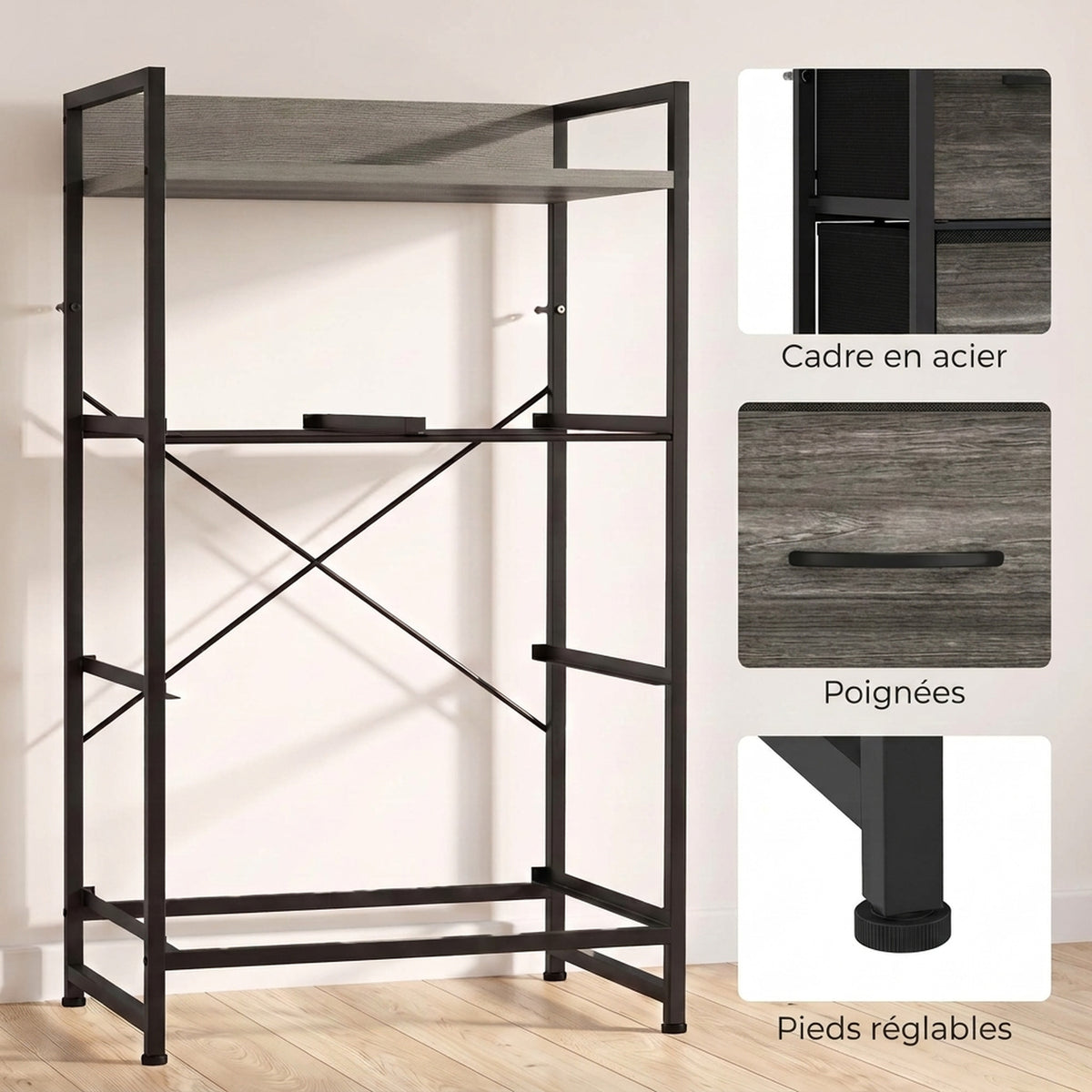 Meuble de Rangement Style Industriel, Commode 4 Tiroirs en Tissu Pliables et Amovibles et 1 Étagère, 50x29x85cm, Gris-6