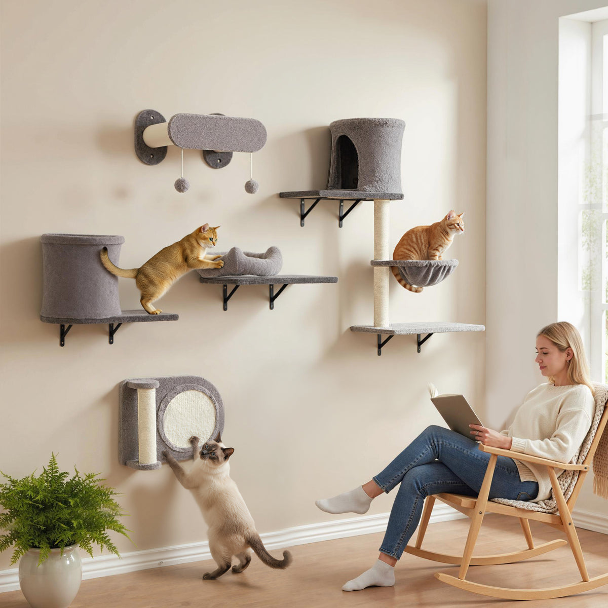 Étagères murales pour chat arbre à chat mural 5 pièces 2 niches hamac plateformes griffoirs en sisal gris-9