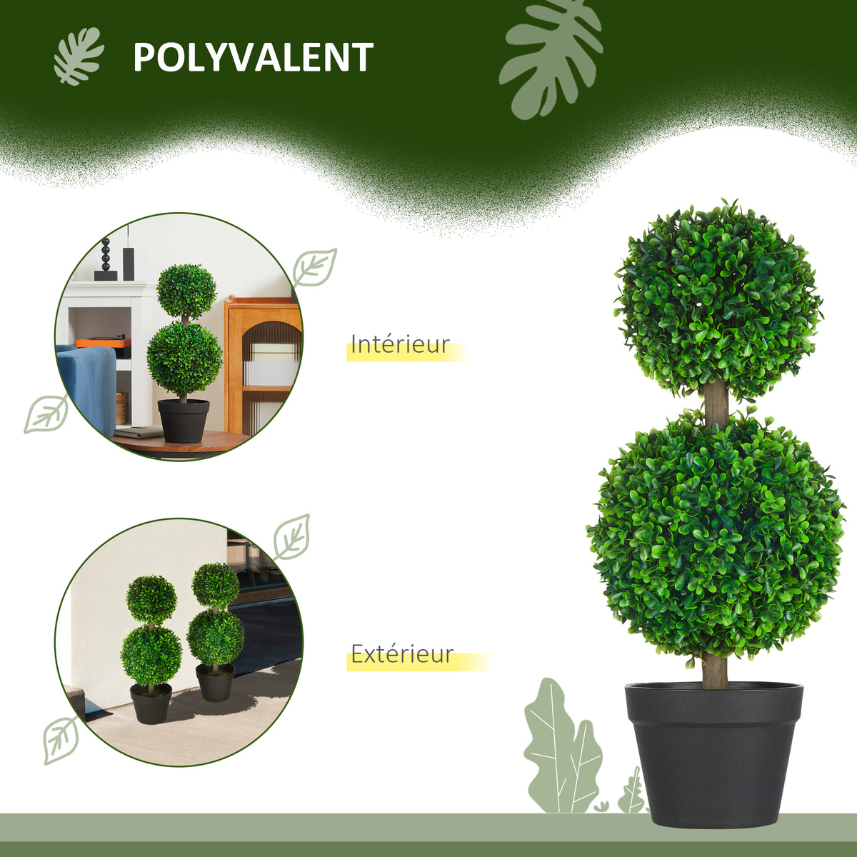 Lot de 2 arbres buis artificiel double boules avec tronc et pot inclus - hauteur 60 cm vert-4