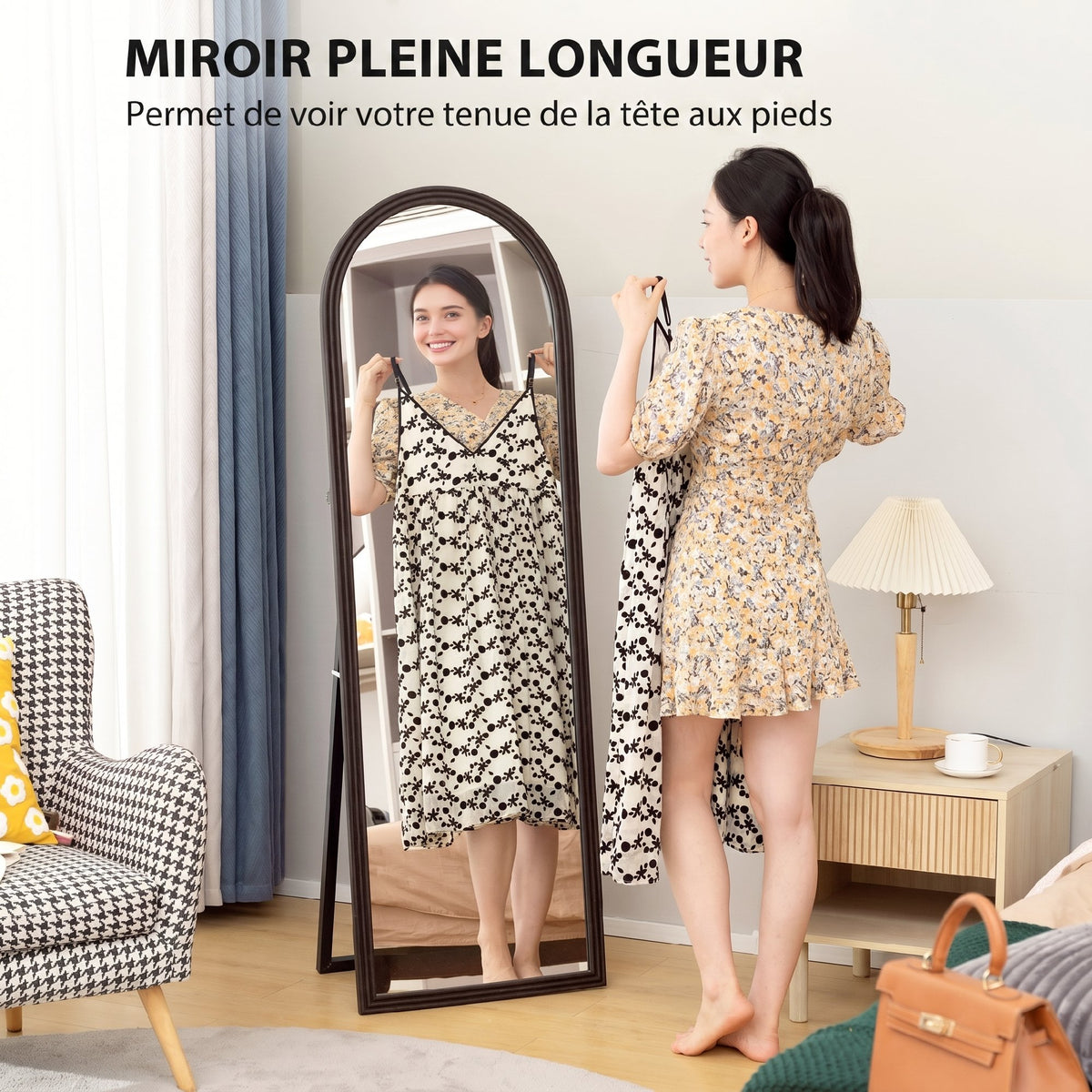 Miroir de sol arqué pleine longueur miroir sur pied cadre en effet imitation pierre pour salon chambre 53x163cm marron-3