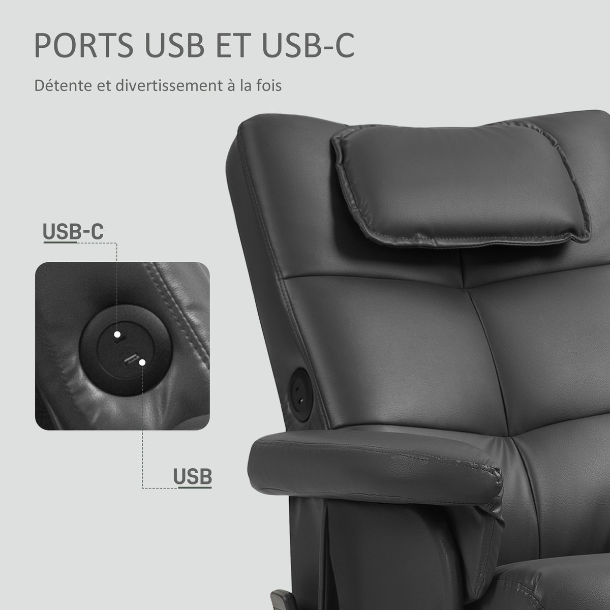 Fauteuil massant avec repose-pied, dossier inclinable jusqu'à 135°, coffre de rangement, télécommande-6