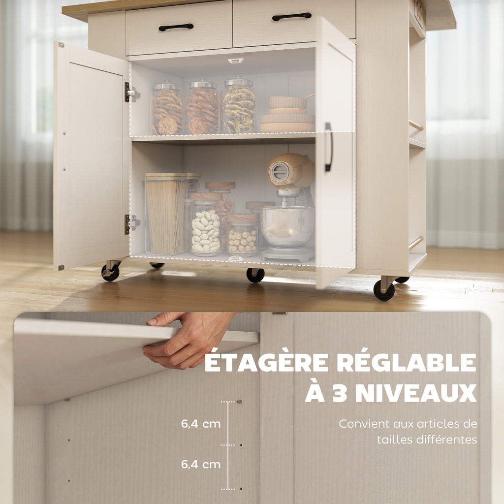 Îlot de Cuisine avec Station de Charge, Chariot de Cuisine à Roulettes avec Plan de Travail Rabattable, 2 Tiroirs, Blanc-6