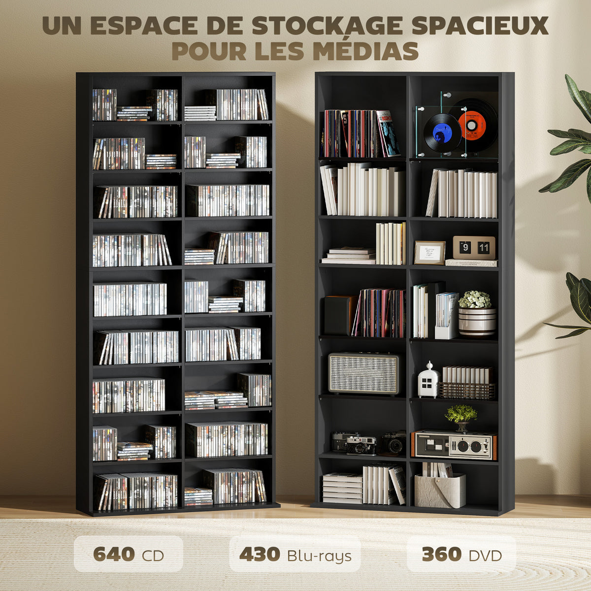 Rangements pour CD et DVD 18 compartiments capacité max. 640 CD/360 DVD 430 Blu-ray 78,5 x 24 x 175 cm noir-3