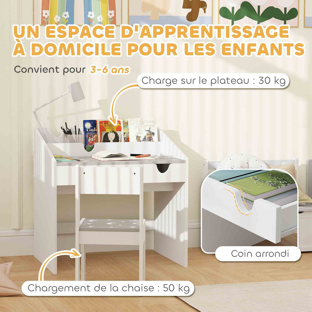 Ensemble Bureau et chaise pour enfants, avec rangement, tiroir coulissant, pour les 3-6 ans, motif étoilé - Gris-6