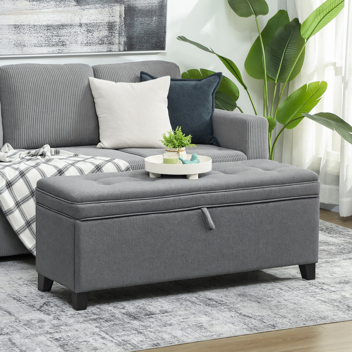 Banc de rangement 112L banquette bout de lit en tissu de lin, siège capitonné, 120 x 40 x 48 cm, gris foncé-1