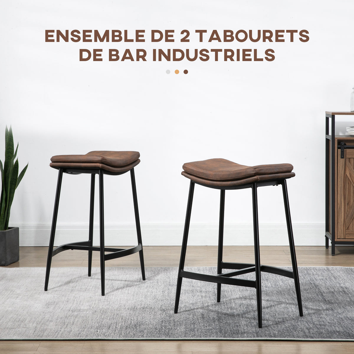 Lot de 2 tabourets de bar avec repose-pieds acier style industriel assise incurvée 48,5 x 38,5 x 68,5 cm marron noir-3