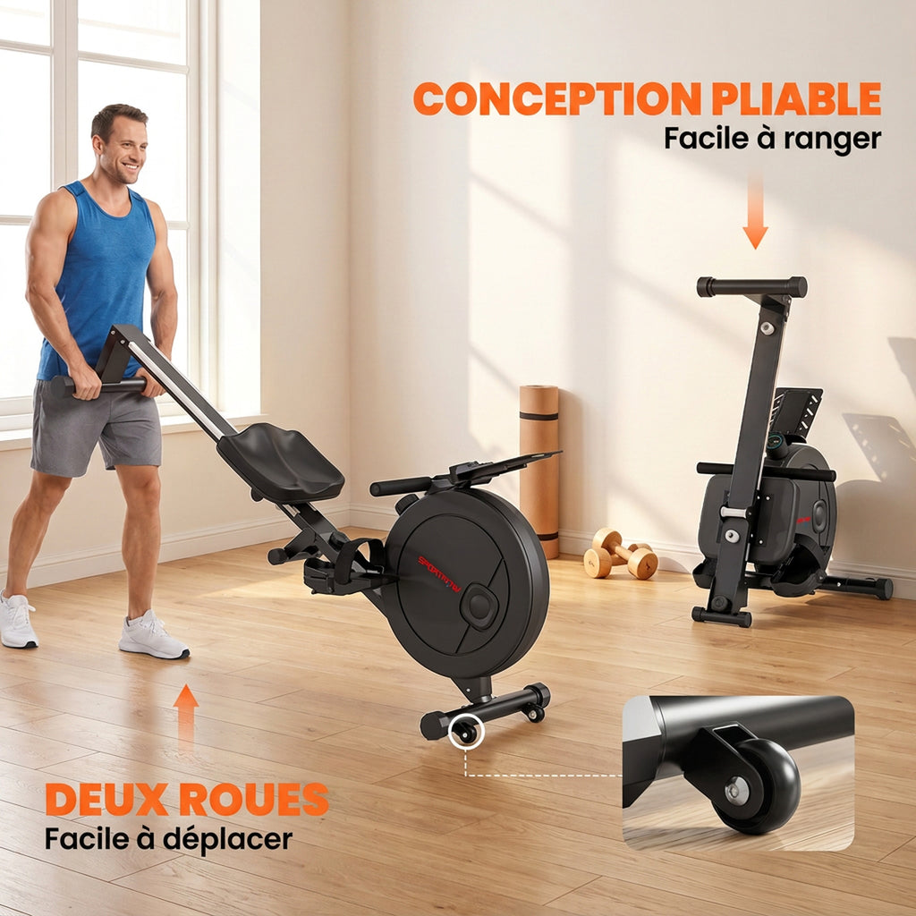 Rameur Musculation d'Appartement Pliable 16 Niveaux, App, Écran LCD, Support de Tablette, 180x50x75cm, Noir-5