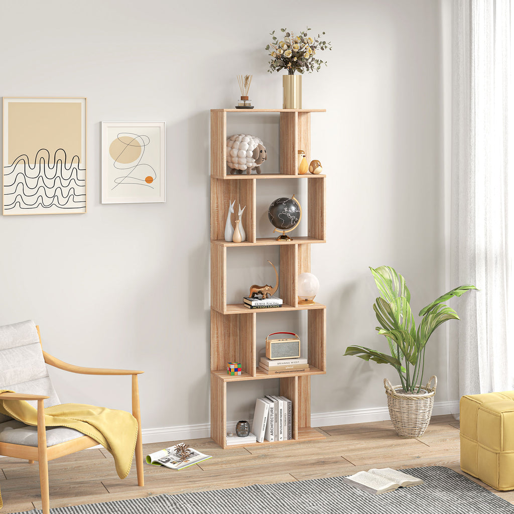 Bibliothèque à 5 niveaux, meuble de rangement en forme de S avec étagères, 60 x 24 x 184,5 cm, effet bois naturel-6