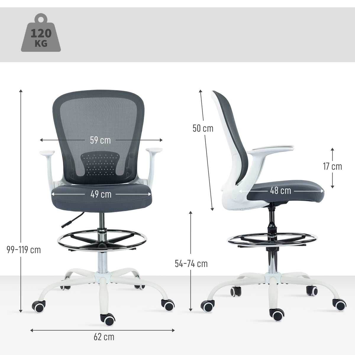 Chaise bureau ergonomique avec repose-pieds ajustable et accoudoirs relevables, hauteur réglable, 59x62x99-119cm, gris-2