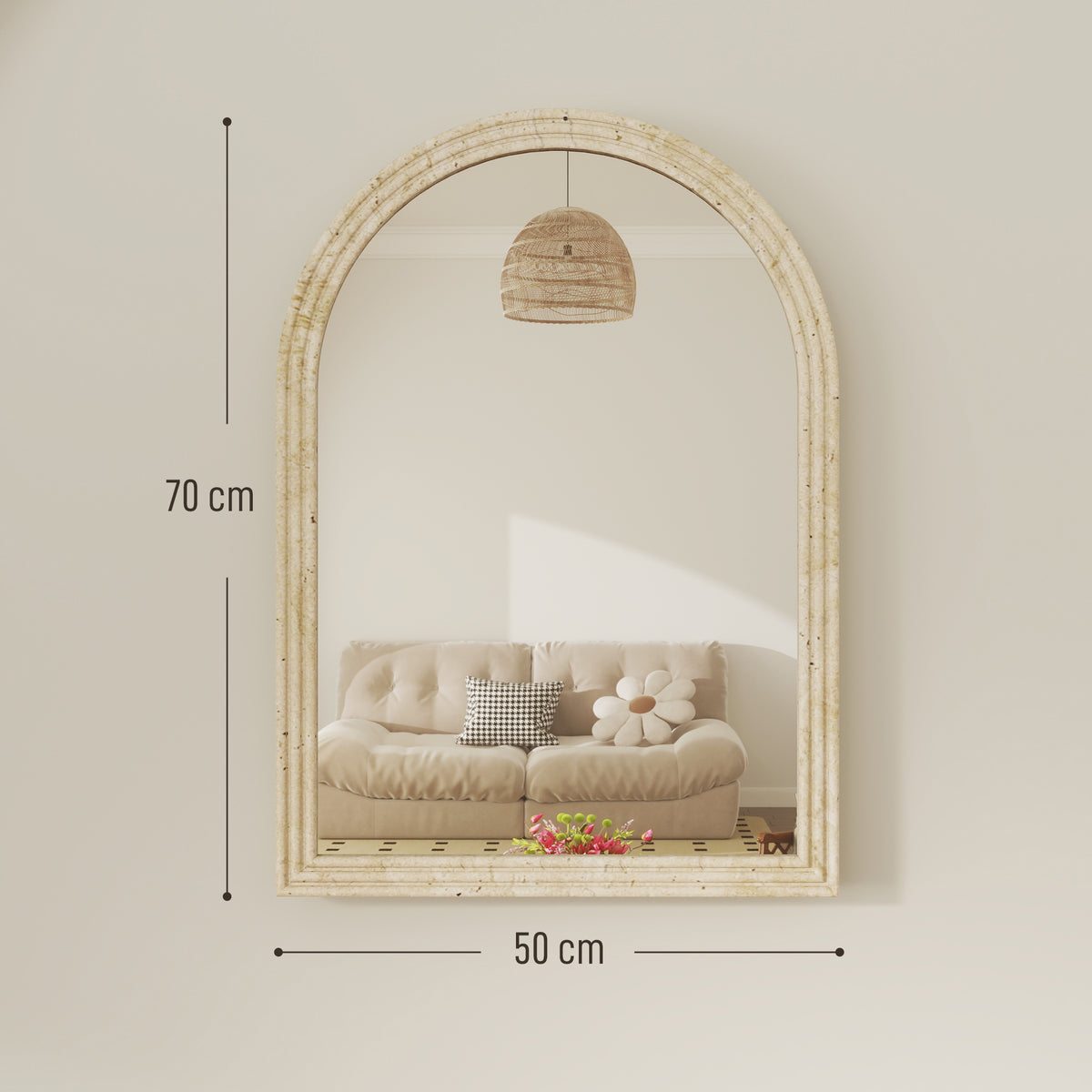 Miroir mural arqué, miroir moderne avec bord rainuré et crochets, verre trempé et polystyrène, 50 x 70 cm, beige-2