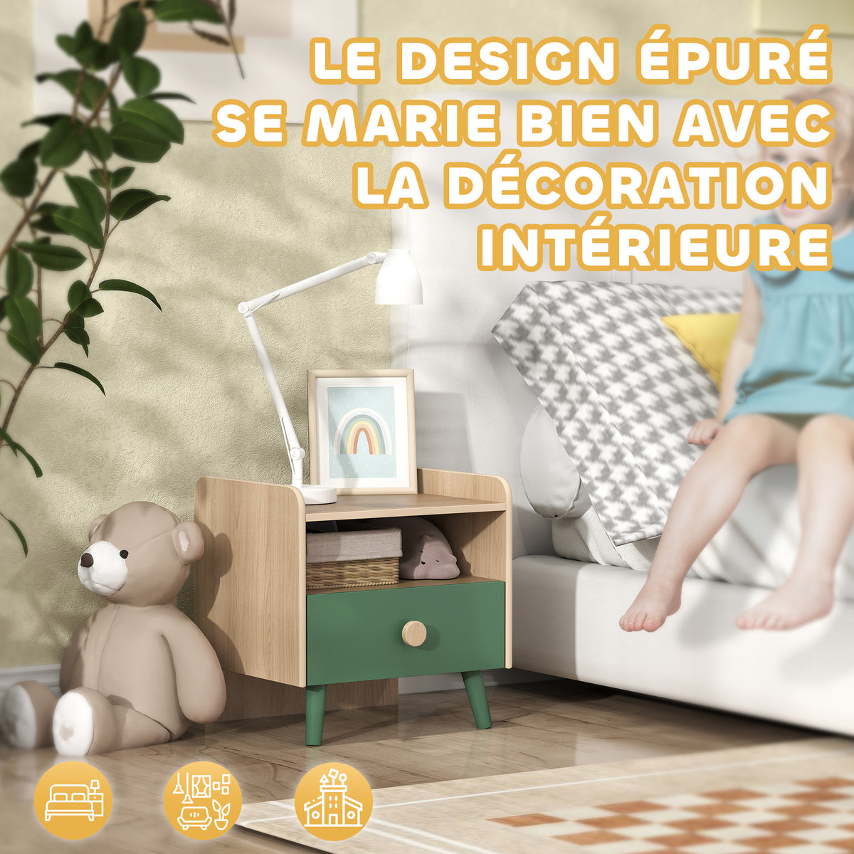 Lot de 2 tables de chevet enfant, tables de nuit enfant avec tiroir et niche, pour chambre d'enfant, 40x32,5x40cm, vert-4