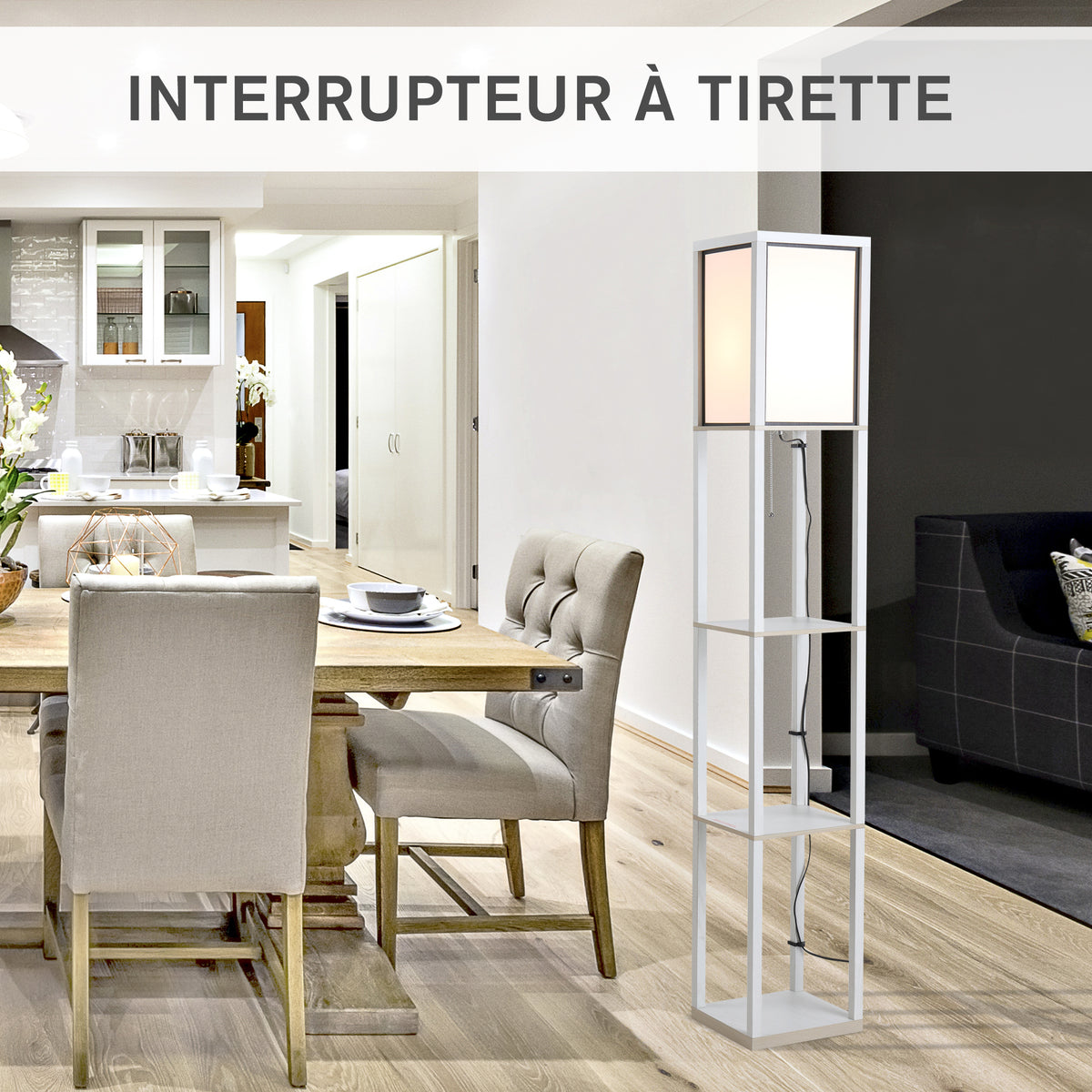Lampadaire étagère 26L x 26l x 160H cm 3 étagères 4 Niveaux MDF Blanc-5