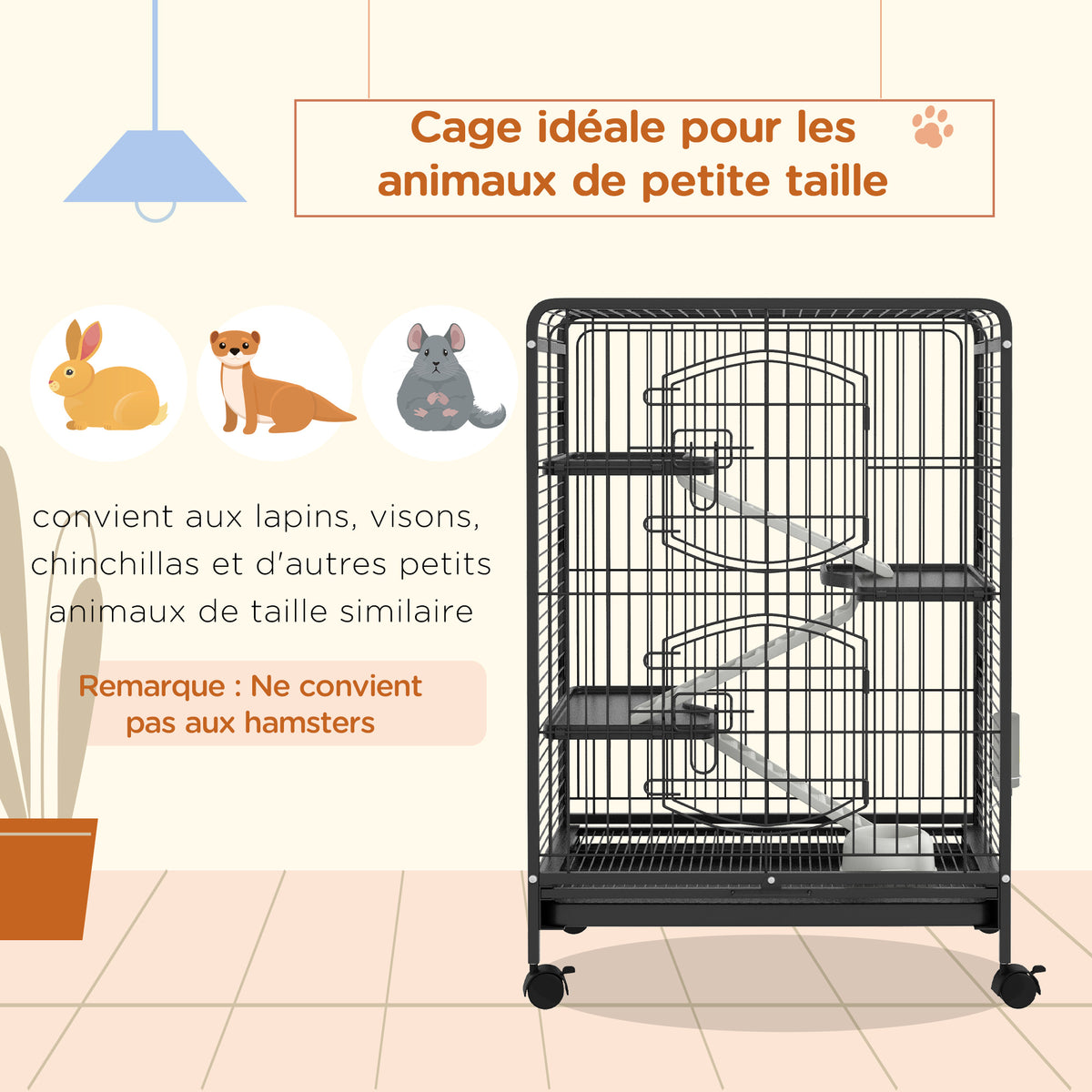 Cage pour rongeurs cage pour Petits Animaux Roulante 3 Rampes 3 Plates-formes Plat et Bouteille d'Eau Bac Inférieur Amovible pour lapin vison d'animaux chinchilla Acier PP 61,5x44x95cm Noire-3
