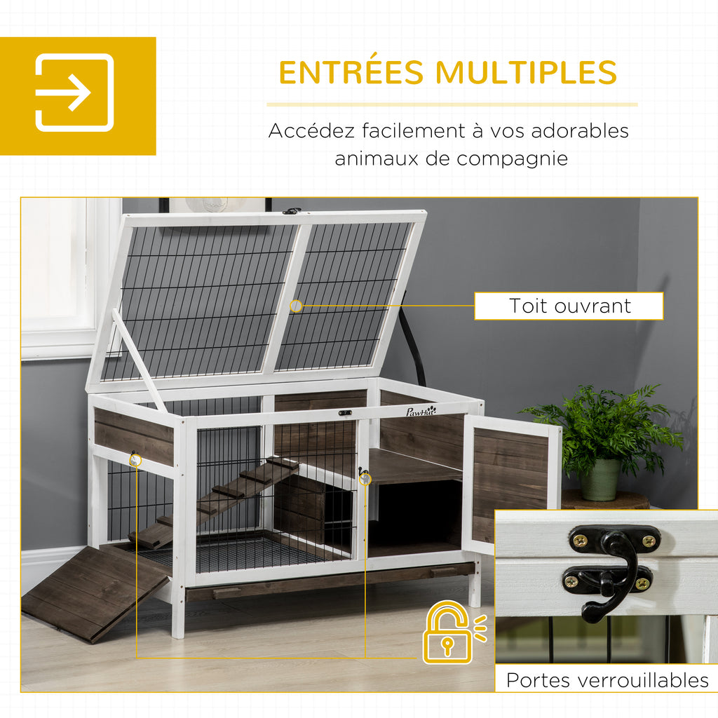 Clapier à lapins cage lapin intérieur, avec bac amovible, 2 portes verrouillables, échelle, 90 x 53 x 87 cm, café-4