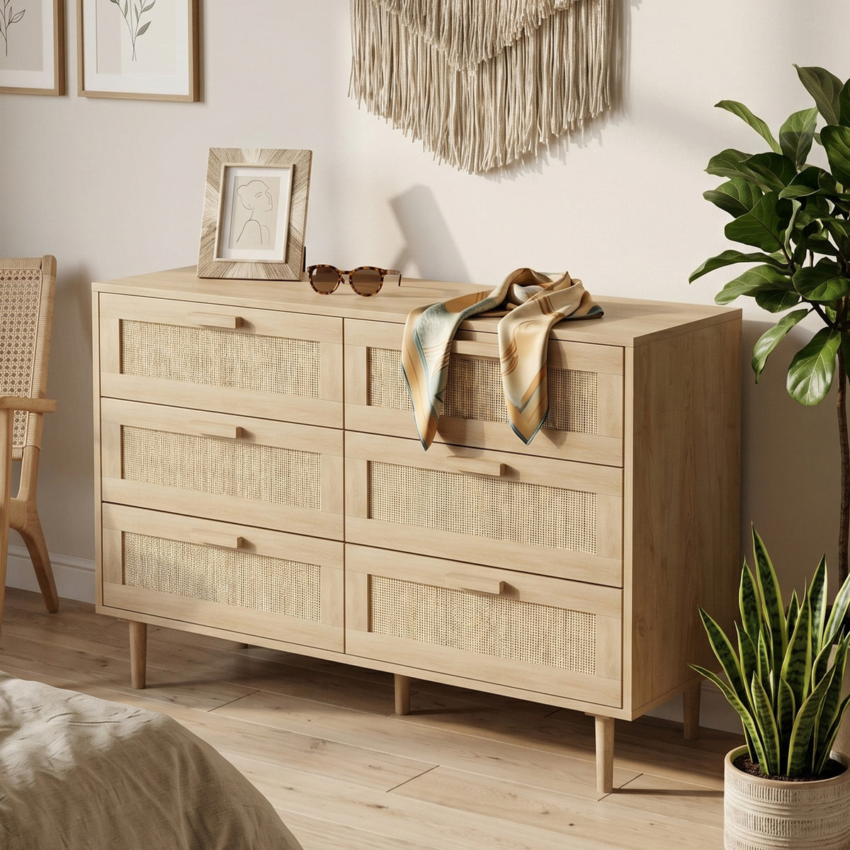 Commode 6 tiroirs meuble de rangement avec tissage en rotin dim. 110L x 40l x 75H cm Aspect Bois Clair-7