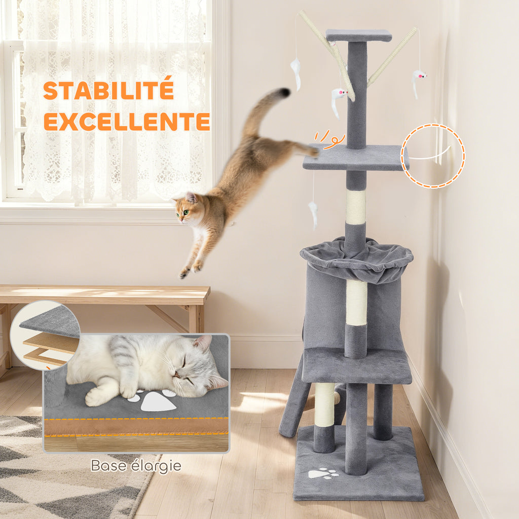 Arbre à Chat Tour de Jeux pour Chats Stable Multi-Niveaux avec Niche 3 Plate-Formes Hamac 60x35x134cm Gris-5