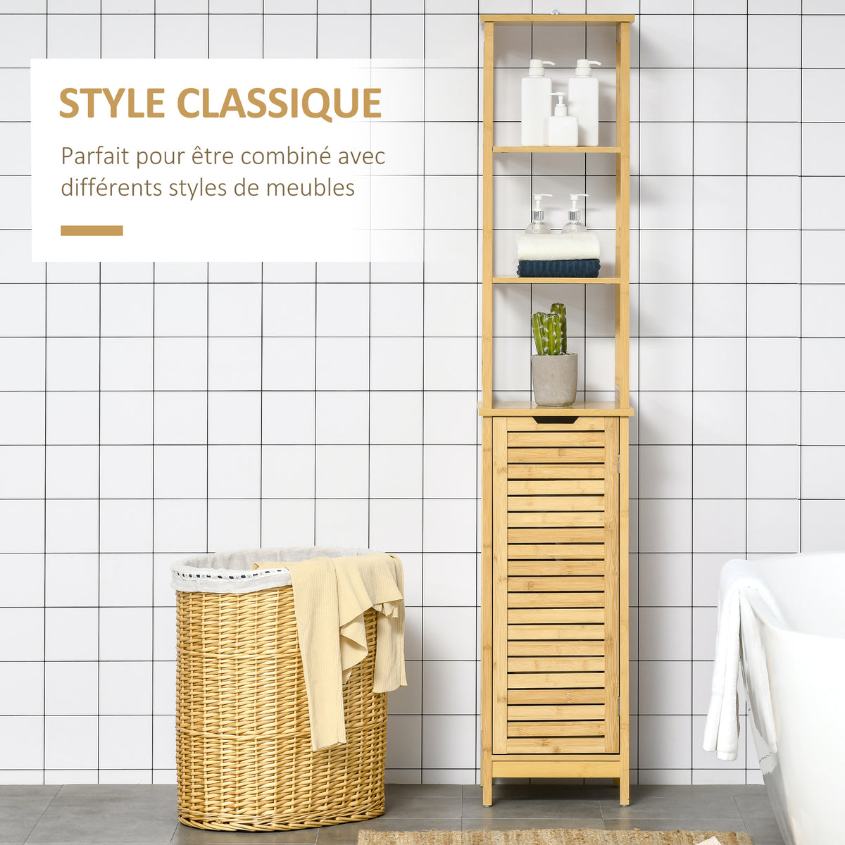 Meuble colonne de salle de bain avec 3 étagères et placard porte persienne en bambou-3