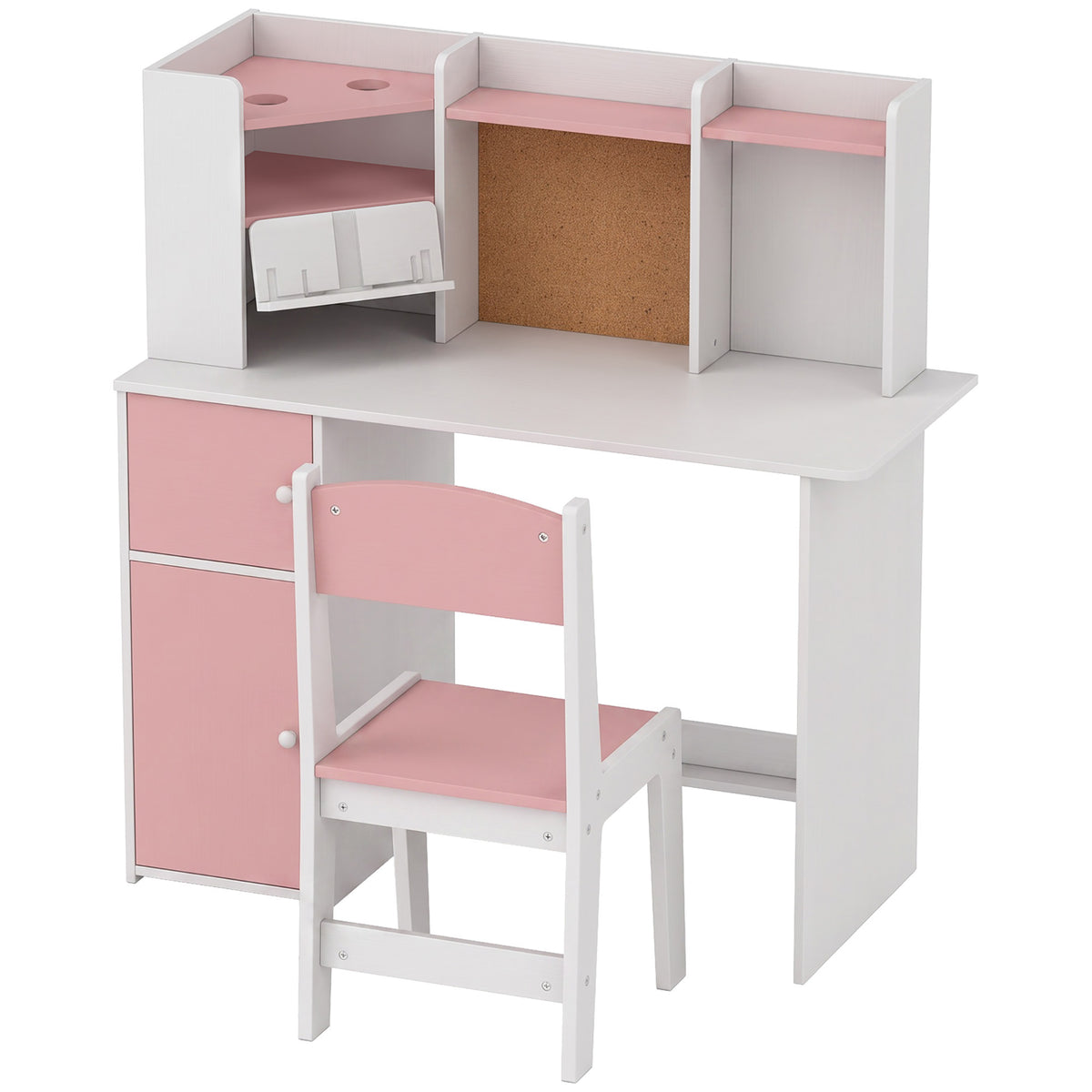 Bureau Enfant avec Chaise, Table d'Étude, Support de Tablette Réglable, Porte-Stylos, Panneau en Liège, 5-12 ans, Rose-0
