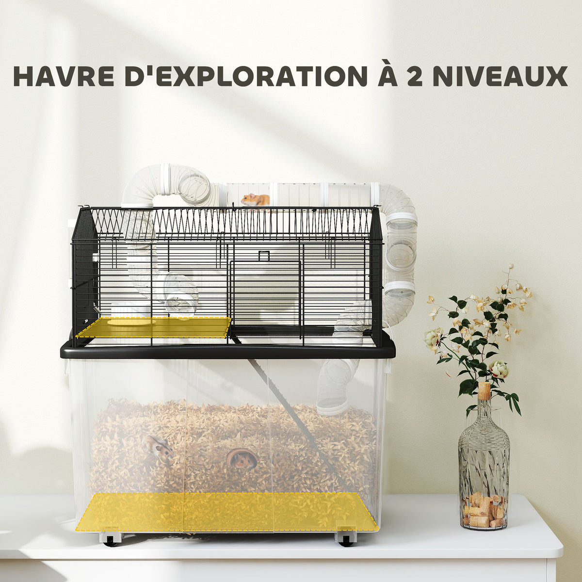 Cage pour hamster portable cage pour hamster avec rampe, gamelle, bouteille d'eau système de tuyaux 58 x 43 x 57 cm noir-3
