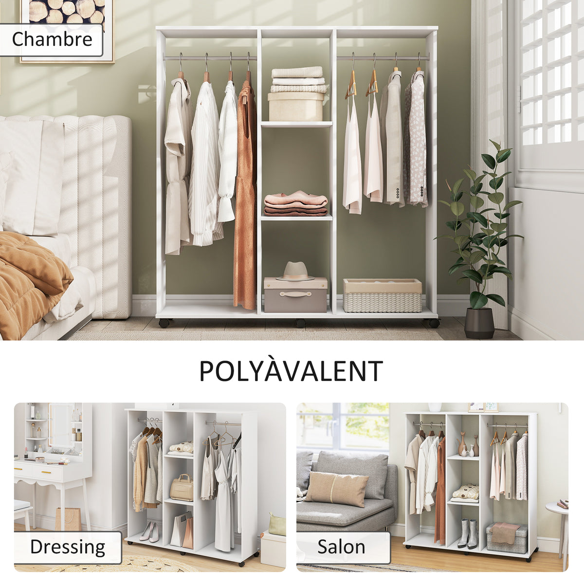 Armoire penderie meuble de rangement mobile 6 roulettes 120 x 40 x 128 cm en bois blanc-4