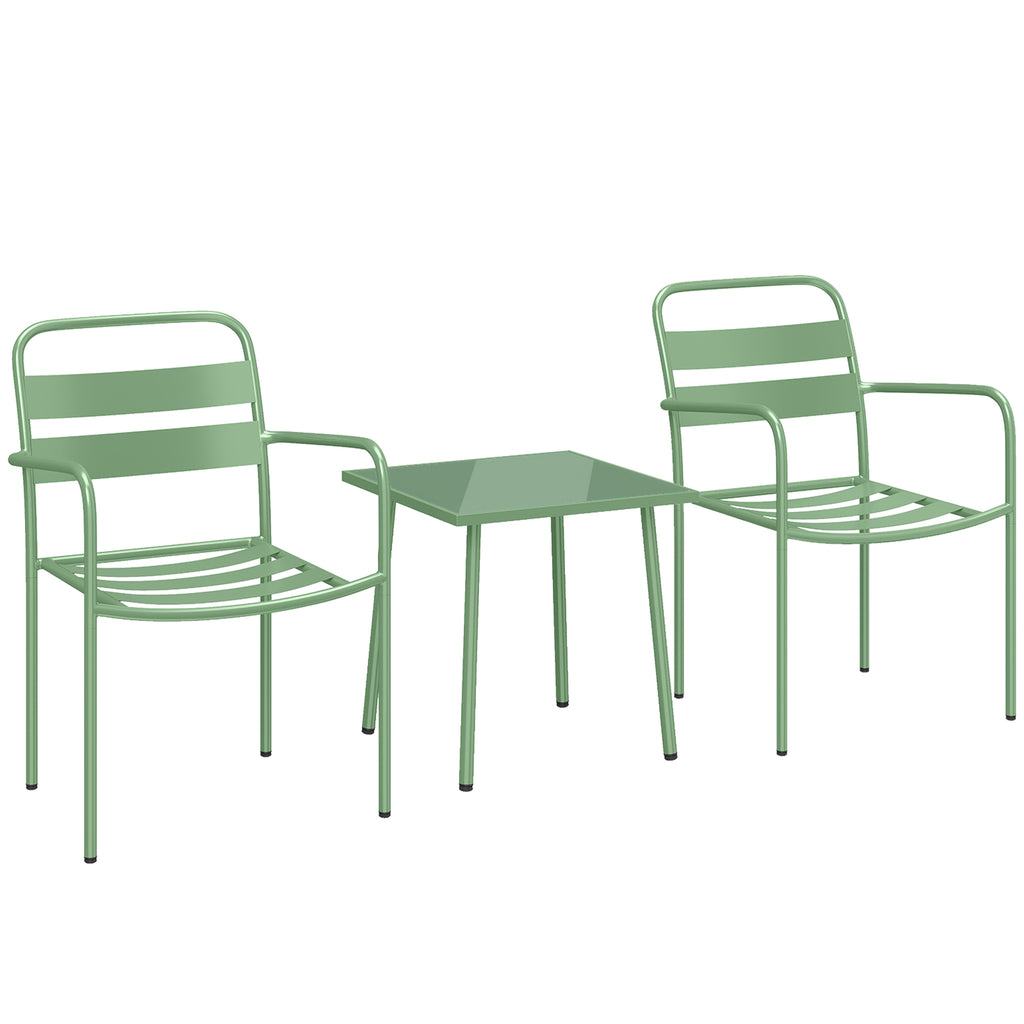 Ensemble bistrot de jardin 3 pièces - table basse en verre trempé et 2 chaises à lattes, cadre en acier galvanisé, vert-0