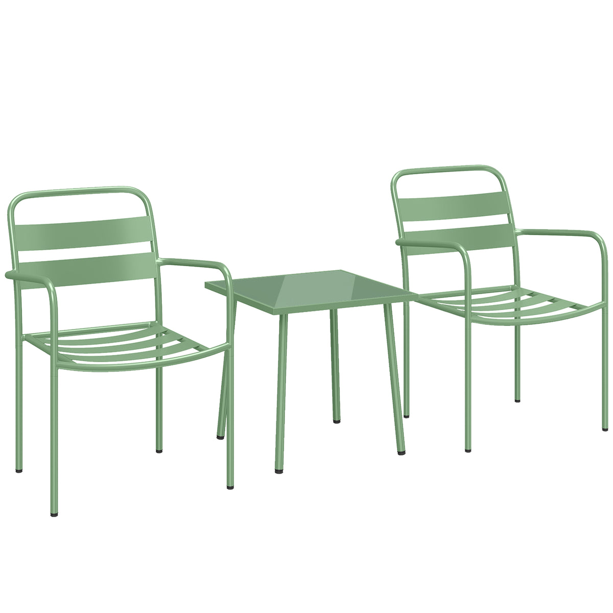 Ensemble bistrot de jardin 3 pièces - table basse en verre trempé et 2 chaises à lattes, cadre en acier galvanisé, vert-0