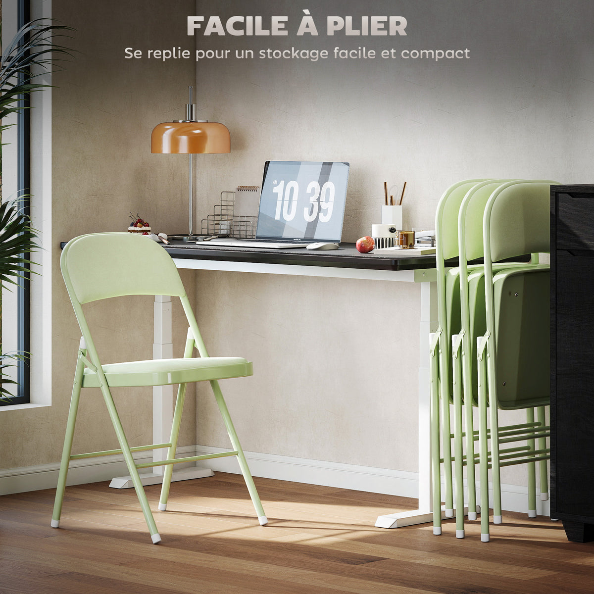 Lot de 4 chaises pliantes et portables intérieur avec assises et dossiers rembourrés en velours, cadre en acier, vert-5