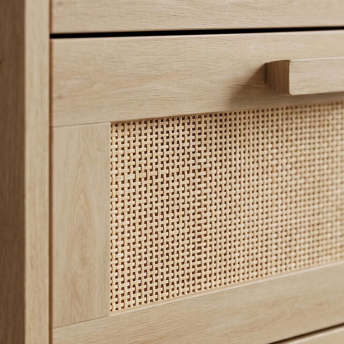 Commode 6 tiroirs meuble de rangement avec tissage en rotin dim. 110L x 40l x 75H cm Aspect Bois Clair-8